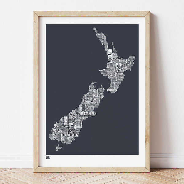 'New Zealand' Type Map Print in Sheer Slate