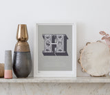 Pictures and Wall Art, Screen Printed Illustrated Letter H design in putty grey