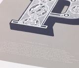 Close up of Illustrated Letter P in putty grey