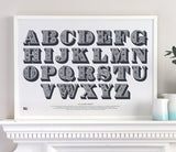 Pictures and wall art, screen printed A-Z poster in sheer slate