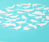 Close up of Birds Around Britain screen print in azure blue, economical kids wall art ideas