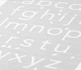 Close up of A-Z alphabet screen print in putty grey, economical kids wall art ideas