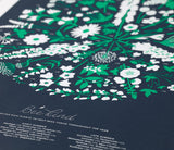 Close up of Bee Kind floral screen print in slate, economical wall art ideas