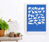 Wall art ideas, economical screen prints, Creatures A-Z kids print in cobalt blue
