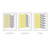 Geometric Set of 3 Wall Art Designs, Printed in the UK, Printed in Yellow and Grey