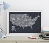 Wordle Map of USA, place names created with different fonts, fits into standard size frames, or can be bespoke framed