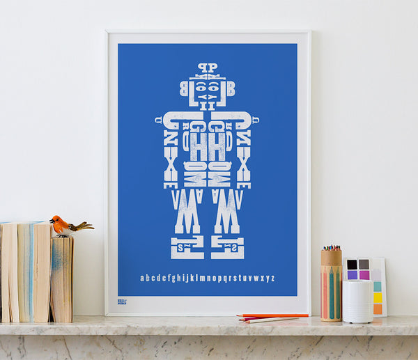 'Alphabot' Robot Art Print in Cobalt Blue