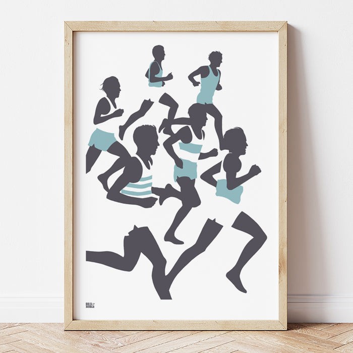 'The Runners' Illustrated Art Print in Coastal Blue