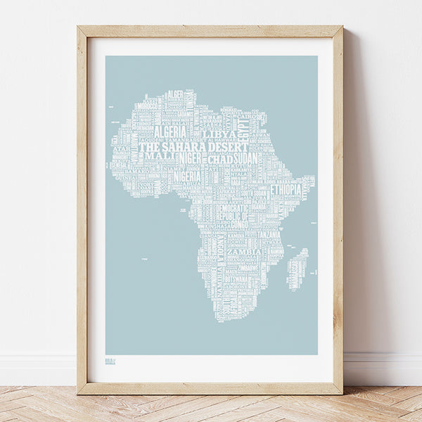 'Africa' Type Map Print in Duck Egg Blue