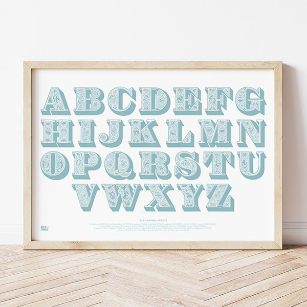 'A-Z of Animal Groups' Alphabet Art Print in Coastal Blue