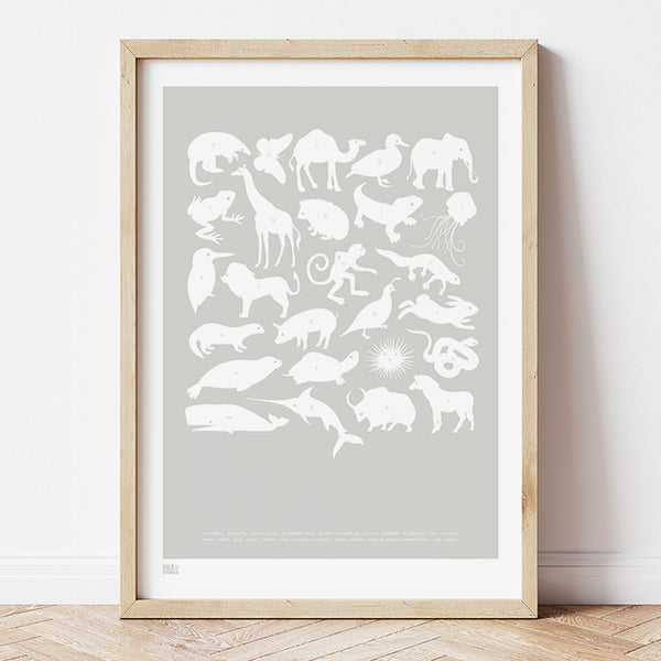 'Creatures A-Z' Alphabet Art Print in Chalk Grey