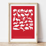 'Creatures A-Z' Alphabet Art Print in Poppy Red