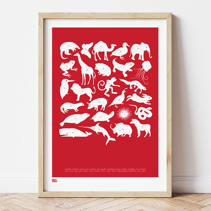 'Creatures A-Z' Alphabet Art Print in Poppy Red