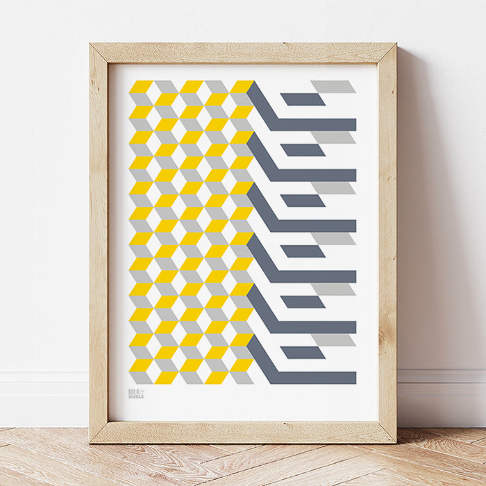 Geometric 'Cube' Art Print in Yellow/Grey