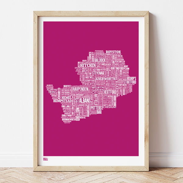 'Hertfordshire' Type Map Print in Magenta Pink