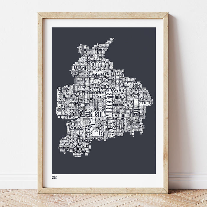 'Lancashire' Type Map Print in Sheer Slate