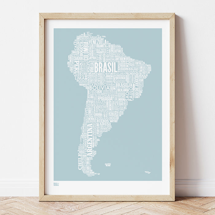 'South America' Type Map Print in Duck Egg Blue