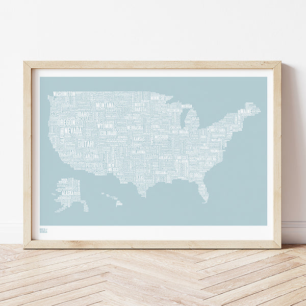 'USA' Type Map Print in Duck Egg Blue