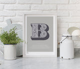Pictures and Wall Art, Screen Printed Illustrated Letter B design in putty grey