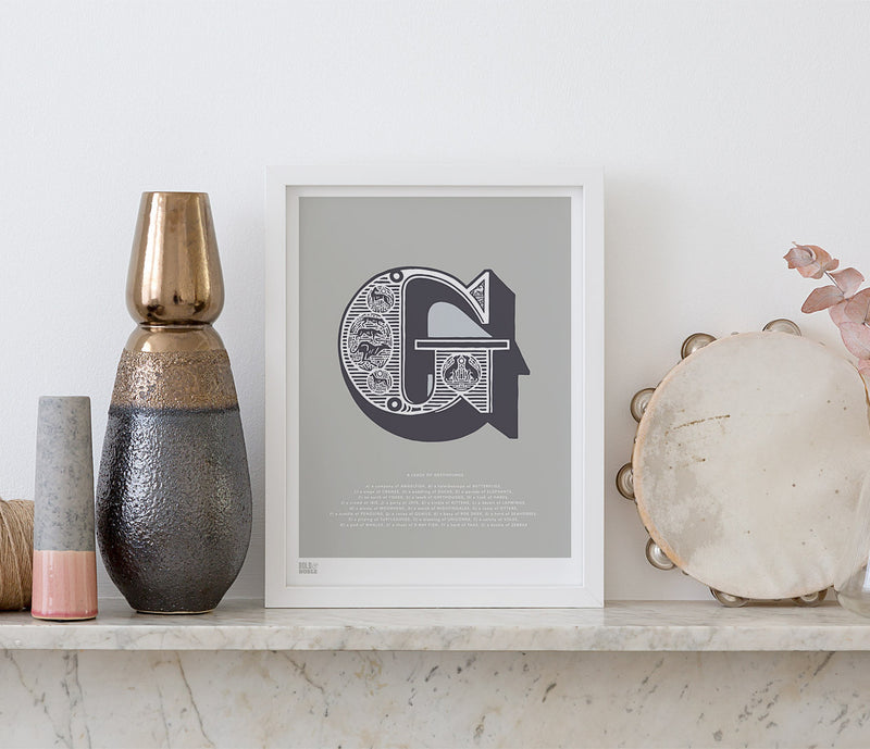 Pictures and Wall Art, Screen Printed Illustrated Letter G design in putty grey