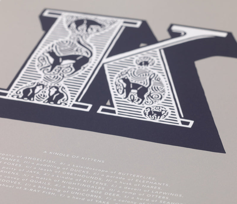 Close up of Illustrated Letter K in putty grey