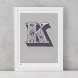 Illustrated Letter K in putty grey, screen printed on recycled card, deliver worldwide