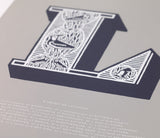 Close up of Illustrated Letter L in putty grey