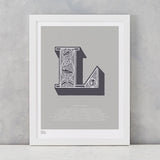 Illustrated Letter L in putty grey, screen printed on recycled card, deliver worldwide