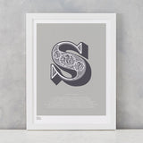 Illustrated Letter S in putty grey, screen printed on recycled card, deliver worldwide