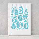 Count Numbers Kids Screen Print in azure blue, recycled paper, delivered worldwide