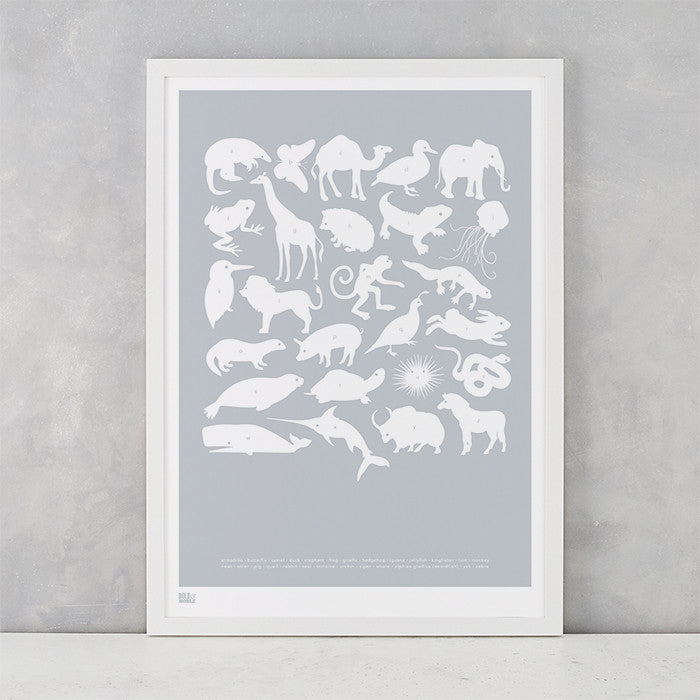 Creatures A-Z Screen Printed Kids Poster, in silver, delivered worldwide