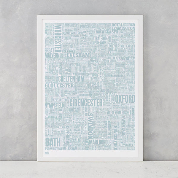 Cotswolds Type Map in duck egg blue, screen printed on recycled card, delivered worldwide