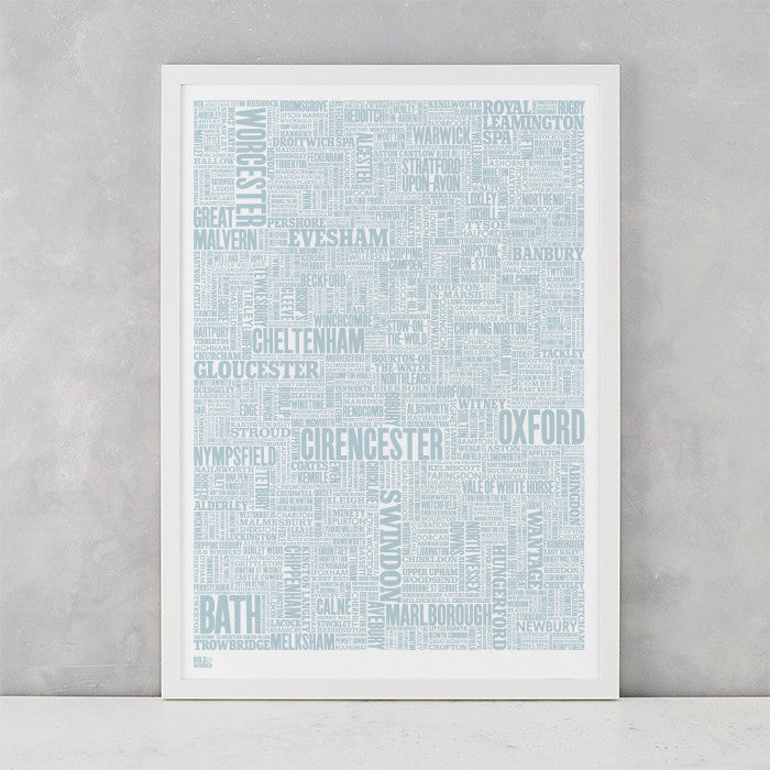 Cotswolds Type Map in duck egg blue, screen printed on recycled card, delivered worldwide