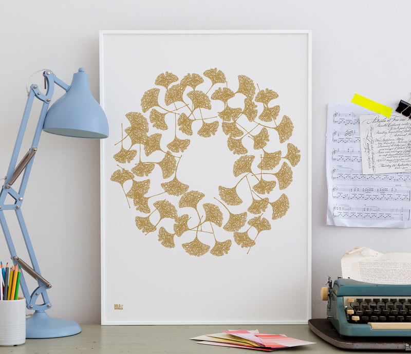Pictures and Wall Art, Screen Printed Ginkgo Leaves in Bronze