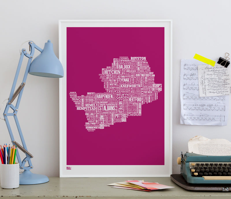 Pictures and Wall Art, Screen Printed Hertfordshire Type Map in Magenta Pink