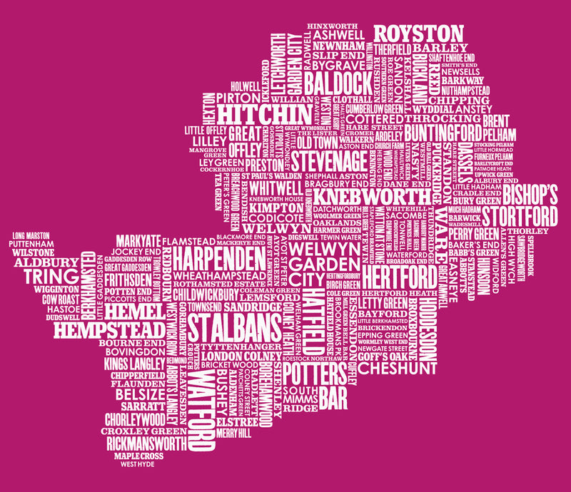 Close up of Hertfordshire Type Map in Magenta Pink, screen printed poster