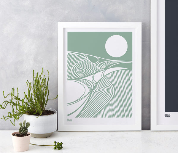 Harvest Field Moon Wall Art Print in Green, Modern Print Designs for the Home