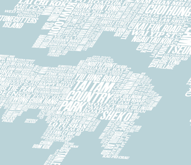 Close up of Hong Kong Type Map in Duck Egg Blue, screen printed poster