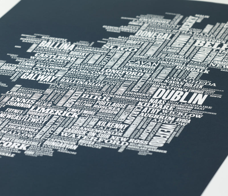 Close up of Ireland Type Map in Sheer Slate, screen printed poster