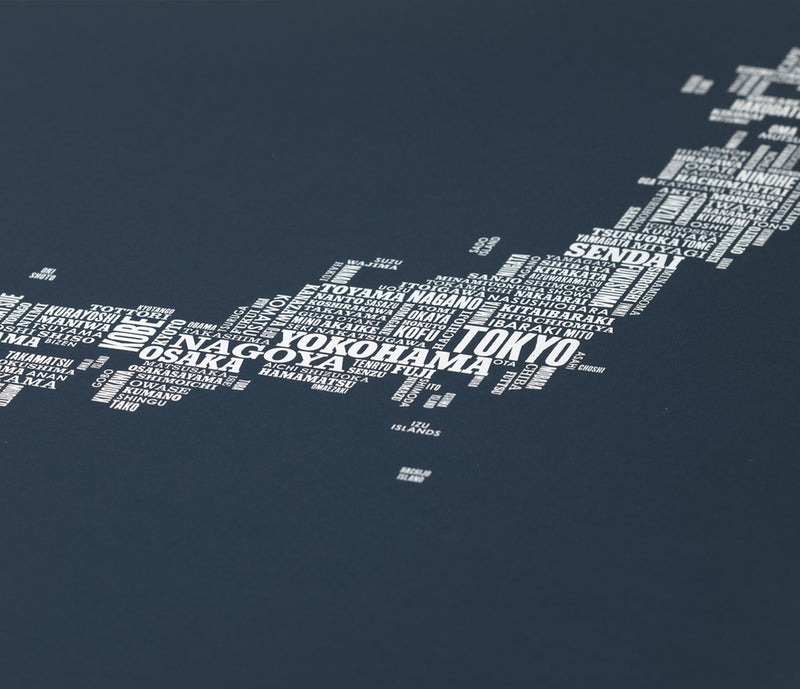 Close up of Japan Type Map in Sheer Slate, screen printed poster