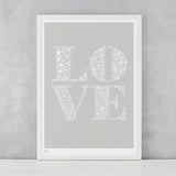 Love in Chalk Grey, screen printed onto recycled card, deliver worldwide