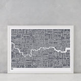 London and Beyond Type Map Print in sheer slate, screen printed onto recycled card, deliver worldwide