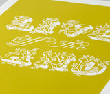 Close up of Live off the Land print in yellow moss