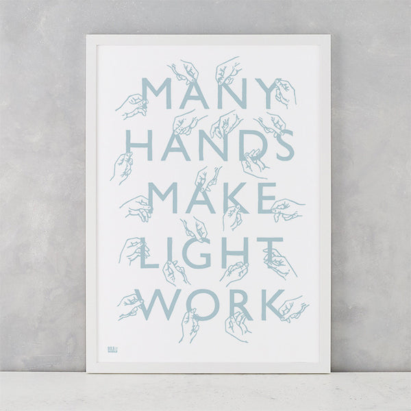 Many Hands Print in Duck Egg Blue, screen printed on recycled paper, deliver worldwide