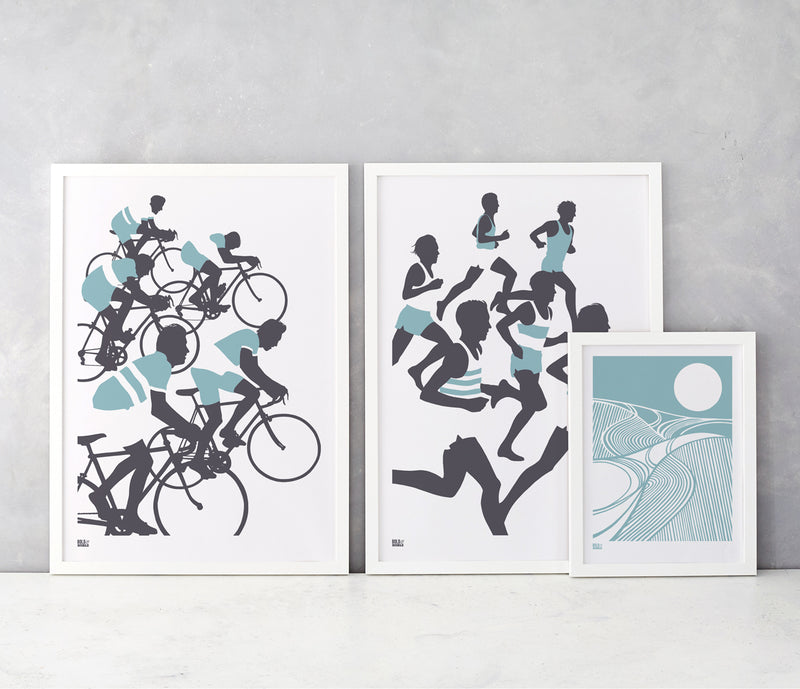 'The Cyclists' Illustrated Art Print in Coastal Blue