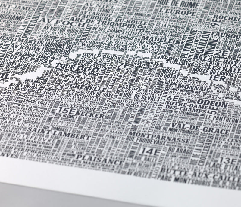 Close up of Wordle Type Map of Paris in Slate Dark Grey