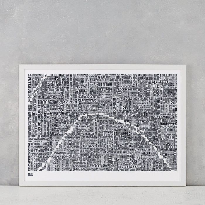 Paris Type Map in Slate Dark Grey, Screen Printed in the UK, deliver worldwide
