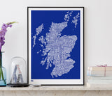 Wordle Scotland Map Wall Art Print, Screen Printed Poster in Blue