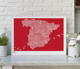 'Spain' Type Map Print in Poppy Red