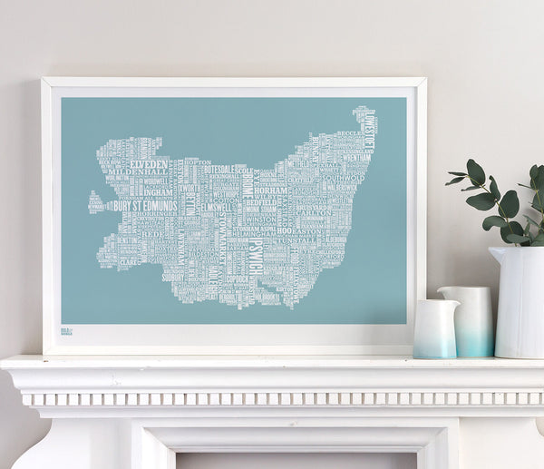 'Suffolk' Type Map Print in Coastal Blue